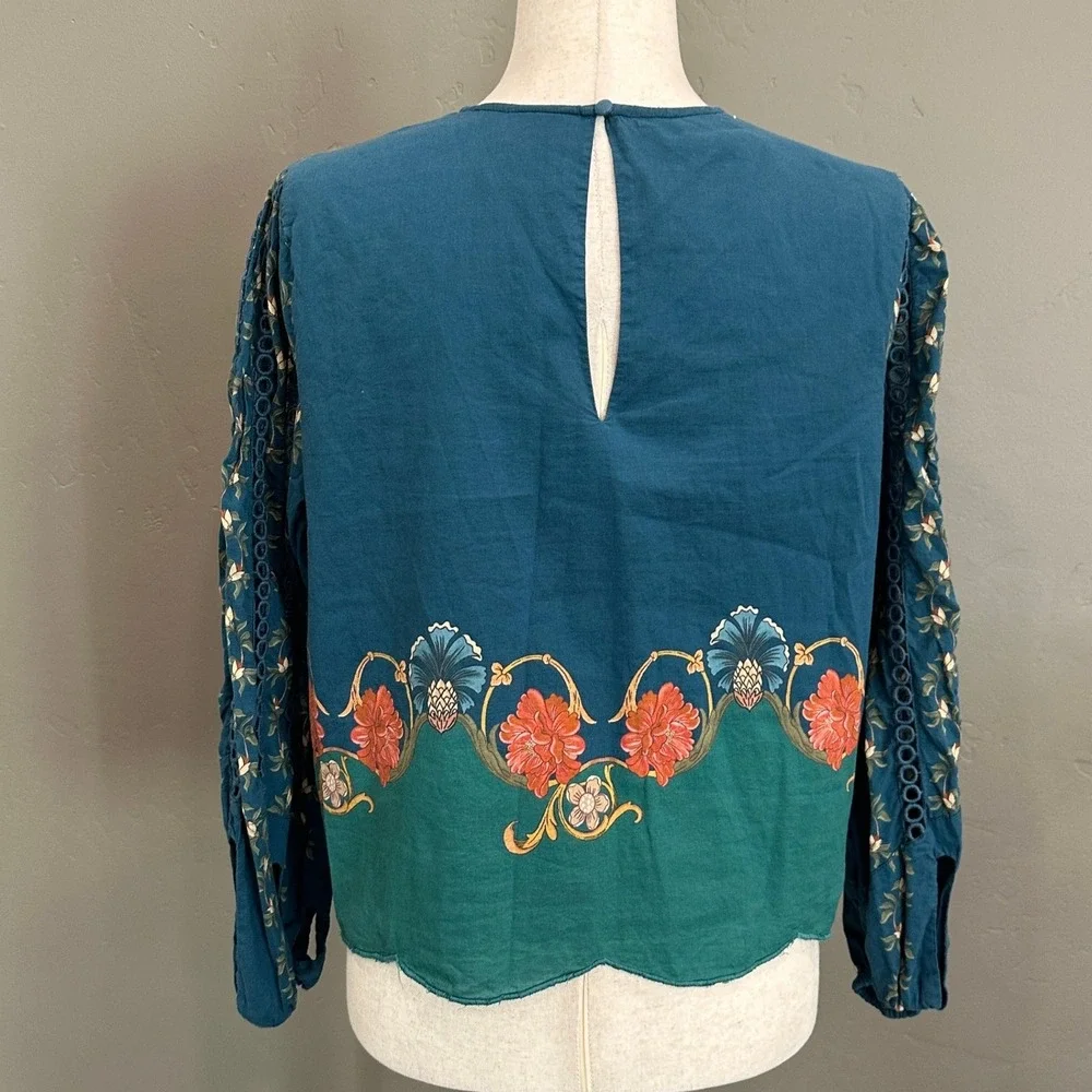 Farm Rio Cutout Blouse M Teal Blue Cutout Boho Peasant Anthropologie Romantic